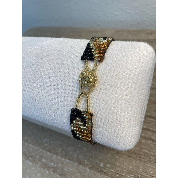 Southwestern Wave Delicate Beaded Bracelet Black Gold Brown - Picture 3 of 7